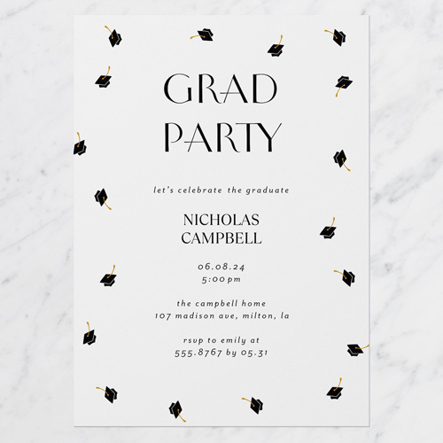 Cap Showers Graduation Invitation, White, 5x7 Flat, Write Your Own Greeting, Pearl Shimmer Cardstock, Square