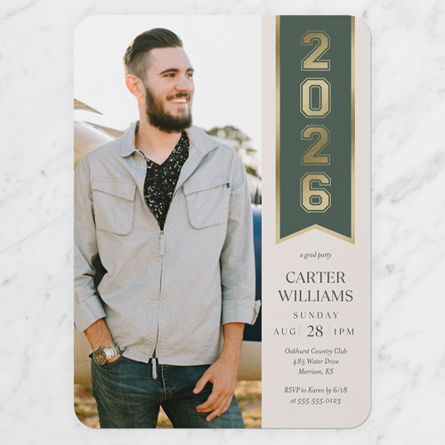 Banner Year Graduation Invitation, Beige, 5x7 Flat, 100% Recycled Cardstock , Rounded, Antique White
