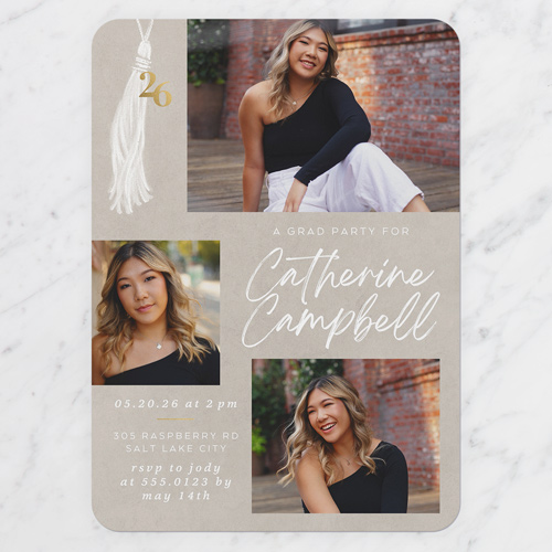 Refined Tassel Graduation Invitation, Beige, 5x7 Flat, Pearl Shimmer Cardstock, Rounded, Cream