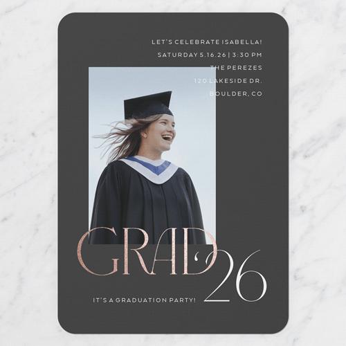 Accomplished Type Graduation Invitation, Black, Rose Gold Foil, 5x7 Flat, Pearl Shimmer Cardstock, Rounded, Black