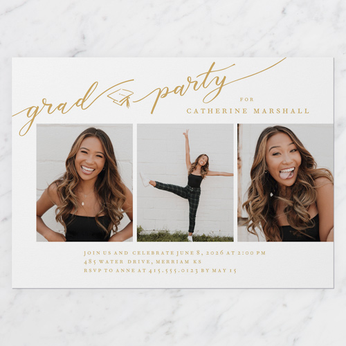 Flourished Grad Graduation Invitation, Yellow, 5x7 Flat, 100% Recycled Cardstock , Square, Golden