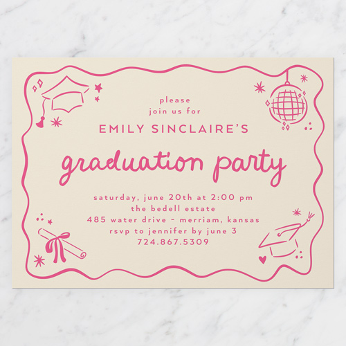 Drawn Whimsy Graduation Invitation, Pink, 5x7 Flat, Pearl Shimmer Cardstock, Square, Poppy