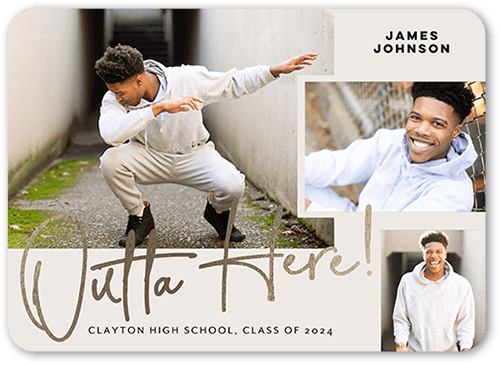 Outta Here Graduation Announcement, Grey, 5x7 Flat, Matte, Signature Smooth Cardstock, Rounded, White
