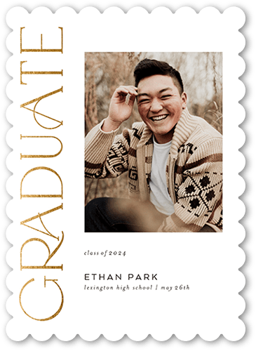 Luxe Grad Graduation Announcement, White, 5x7 Flat, Pearl Shimmer Cardstock, Scallop