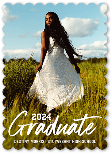 Hand Drawn Graduate Graduation Announcement, White, 5x7 Flat, Pearl Shimmer Cardstock, Scallop