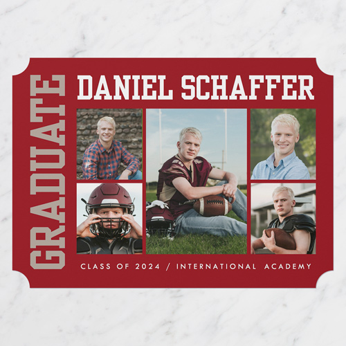 Side Varsity Graduation Announcement, Red, 5x7 Flat, Pearl Shimmer Cardstock, Ticket