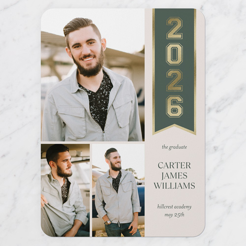 Banner Year Graduation Announcement, Beige, 5x7 Flat, Pearl Shimmer Cardstock, Rounded, Antique White