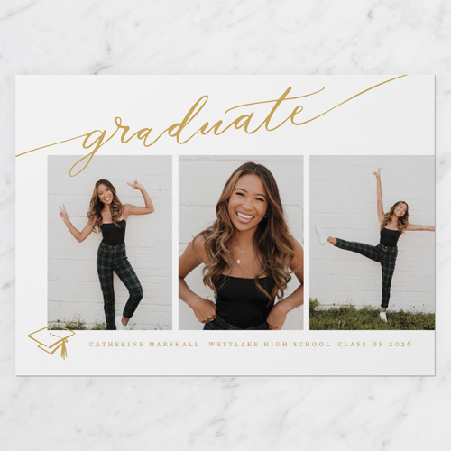 Flourished Grad Graduation Announcement, Yellow, 5x7 Flat, Matte, Signature Smooth Cardstock, Square, Golden