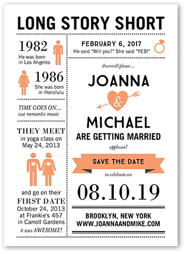 Long Story Short Save The Date, Orange, Pearl Shimmer Cardstock, Square