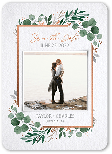 Brushed Botanic Save The Date, Green, 5x7 Flat, 100% Recycled Cardstock , Rounded