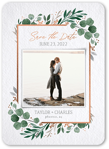 Brushed Botanic Save The Date, Green, 5x7 Flat, Pearl Shimmer Cardstock, Rounded