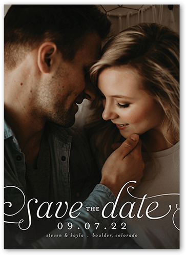 Romantic Flourish Save The Date, White, 5x7, Pearl Shimmer Cardstock, Square