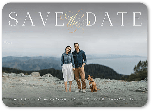 Elegant Type Save The Date, White, 5x7, Pearl Shimmer Cardstock, Rounded