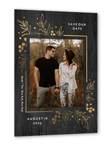 Lustrous Foliage Save The Date, Gold Foil, Black, 5x7, Pearl Shimmer Cardstock, Square