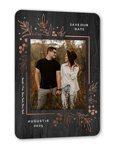 Lustrous Foliage Save The Date, Rose Gold Foil, Black, 5x7 Flat, Matte, Signature Smooth Cardstock, Rounded, Black