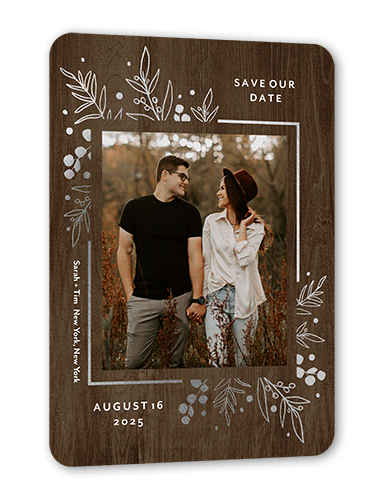 Lustrous Foliage Save The Date, Brown, Silver Foil, 5x7 Flat, Pearl Shimmer Cardstock, Rounded