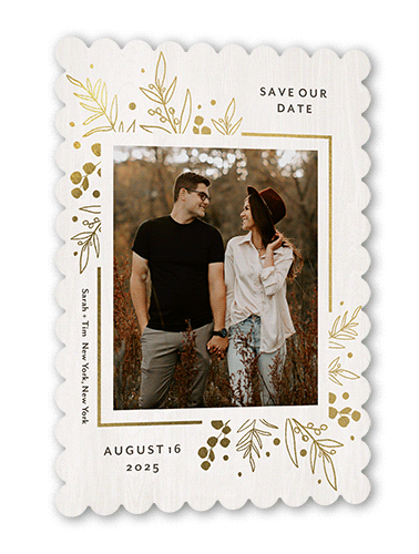 Lustrous Foliage Save The Date, Gold Foil, White, 5x7, Pearl Shimmer Cardstock, Scallop