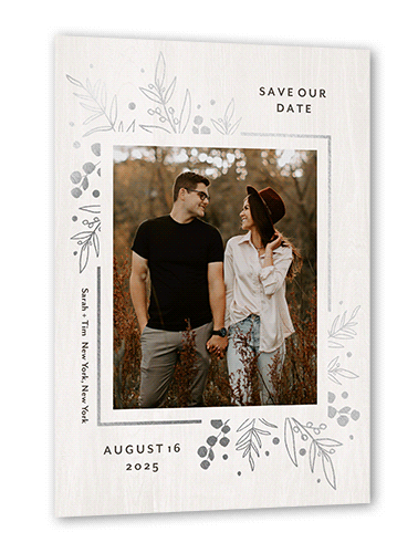 Lustrous Foliage Save The Date, White, Silver Foil, 5x7 Flat, Pearl Shimmer Cardstock, Square, White