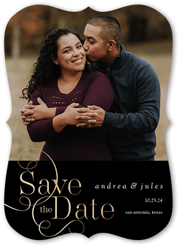 Swirly Date Save The Date, Black, 5x7 Flat, Pearl Shimmer Cardstock, Bracket