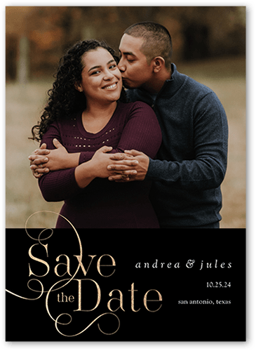 Swirly Date Save The Date, Black, 5x7 Flat, Pearl Shimmer Cardstock, Square