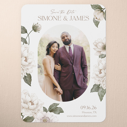 Flowering Surrounding Save The Date, White, 5x7 Flat, Pearl Shimmer Cardstock, Rounded, White