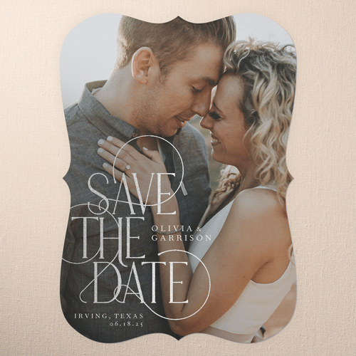 Peaceful Penmanship Save The Date, White, Silver Foil, 5x7 Flat, Pearl Shimmer Cardstock, Bracket