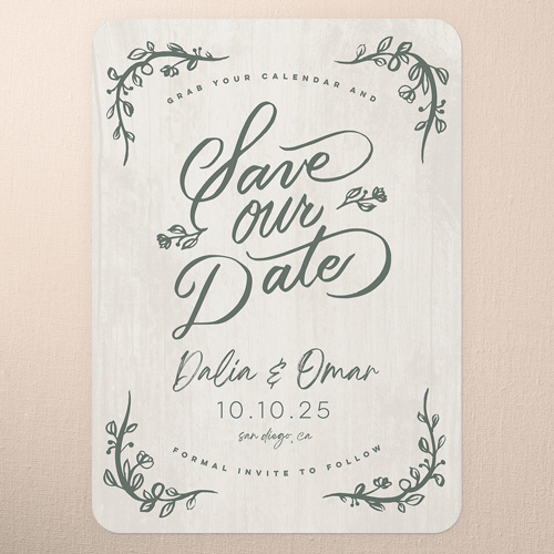 Laurels Of Love Save The Date, White, 5x7 Flat, Pearl Shimmer Cardstock, Rounded