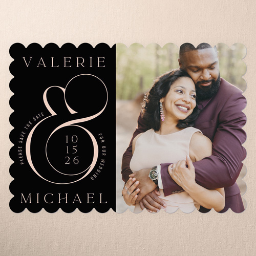 Swirling Ampersand Save The Date, Black, 5x7 Flat, Pearl Shimmer Cardstock, Scallop