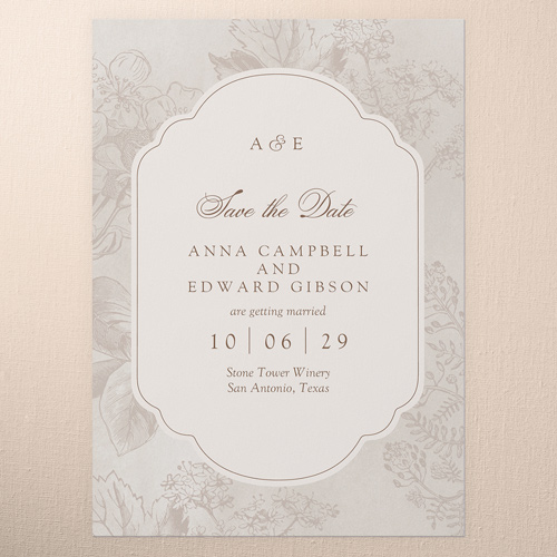 Classic Blossoms Save The Date, Beige, 5x7 Flat, Pearl Shimmer Cardstock, Square, Rye