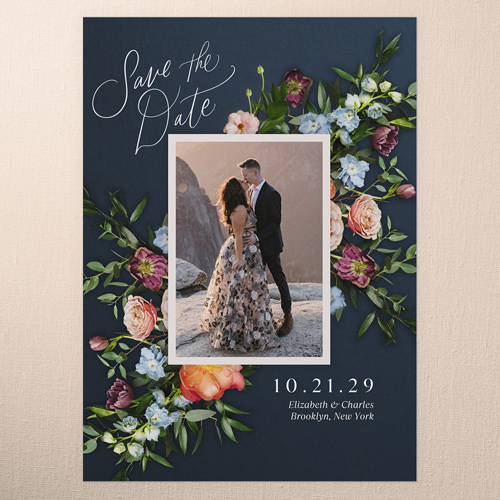 Stunning Bouquet Save The Date, Blue, 5x7 Flat, 100% Recycled Cardstock , Square, Navy