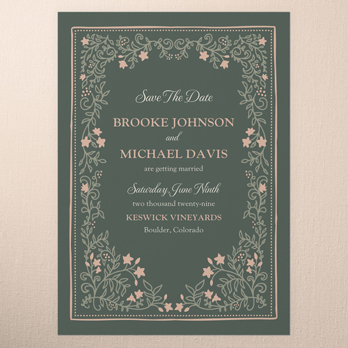 Floral Hem Save The Date, none, Green, 5x7 Flat, Pearl Shimmer Cardstock, Square, Forest