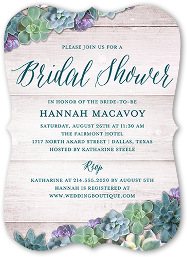 Spectacular Succulents Bridal Shower Invitation, Blue, Pearl Shimmer Cardstock, Bracket