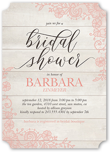 Lovely Lace Frame Bridal Shower Invitation, Pink, Matte, Signature Smooth Cardstock, Ticket