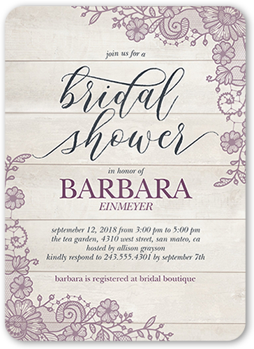 Lovely Lace Frame Bridal Shower Invitation, Purple, Pearl Shimmer Cardstock, Rounded