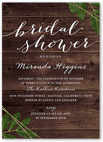 Leafy Frame Bridal Shower Invitation, Brown, Pearl Shimmer Cardstock, Square