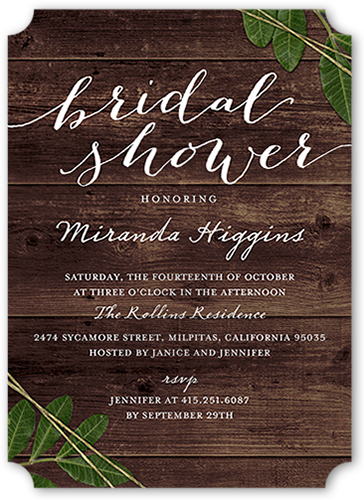 Leafy Frame Bridal Shower Invitation, Brown, Pearl Shimmer Cardstock, Ticket
