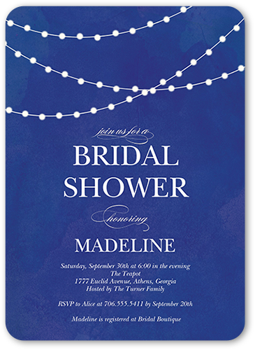 Hanging Lights Bridal Shower Invitation, Blue, Pearl Shimmer Cardstock, Rounded, Royal