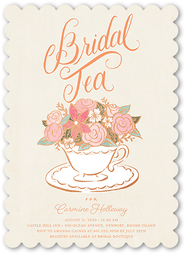 Floral Teacup Bridal Shower Invitation, Beige, Pearl Shimmer Cardstock, Scallop
