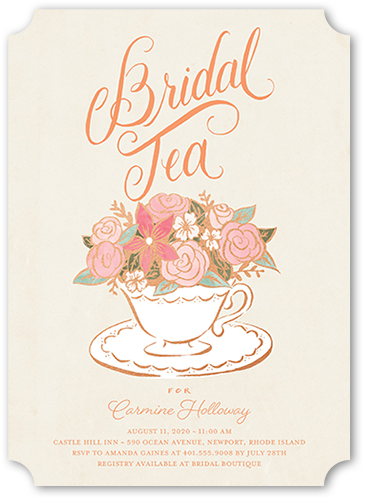Floral Teacup Bridal Shower Invitation, Beige, Pearl Shimmer Cardstock, Ticket