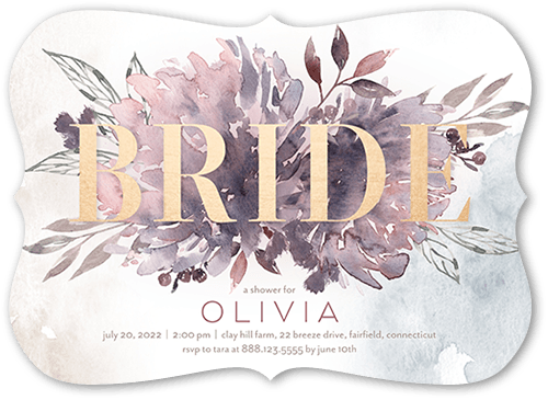 Watercolor Flowers Bridal Shower Invitation, Purple, 5x7 Flat, Pearl Shimmer Cardstock, Bracket