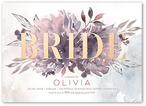 Watercolor Flowers Bridal Shower Invitation, Purple, 5x7 Flat, Matte, Signature Smooth Cardstock, Square