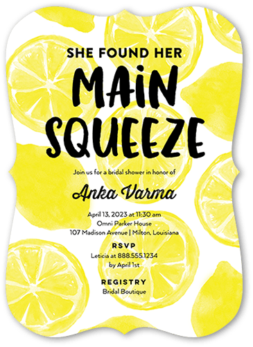 Main Squeeze Bridal Shower Invitation, Yellow, 5x7 Flat, Pearl Shimmer Cardstock, Bracket
