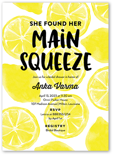 Main Squeeze Bridal Shower Invitation, Yellow, 5x7 Flat, Standard Smooth Cardstock, Square