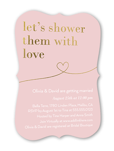 Shower With Love Bridal Shower Invitation, Pink, Gold Foil, 5x7 Flat, Pearl Shimmer Cardstock, Bracket, White