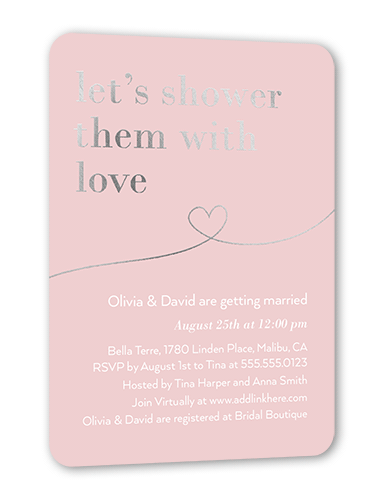Shower With Love Bridal Shower Invitation, Pink, Silver Foil, 5x7, Pearl Shimmer Cardstock, Rounded