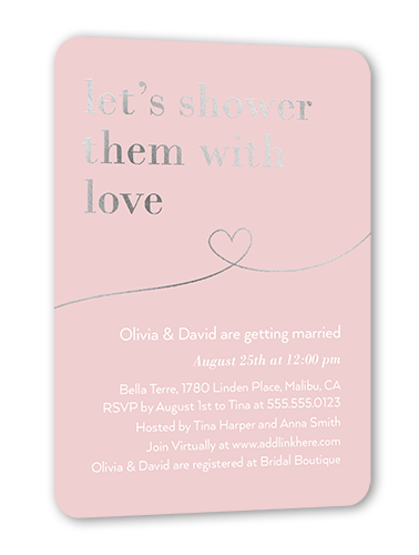 Shower With Love Bridal Shower Invitation, Pink, Silver Foil, 5x7 Flat, Pearl Shimmer Cardstock, Rounded, Ballet Slipper