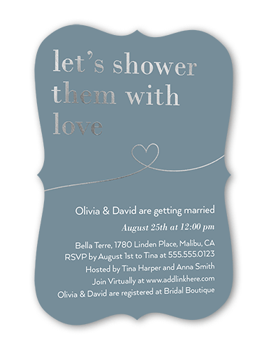 Shower With Love Bridal Shower Invitation, Silver Foil, Grey, 5x7 Flat, Pearl Shimmer Cardstock, Bracket, White