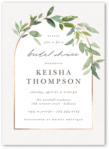 Wreathed Archway Bridal Shower Invitation, Beige, 5x7 Flat, Pearl Shimmer Cardstock, Square