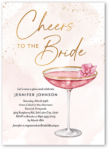 Cheers To The Bride Bridal Shower Invitation, Pink, 5x7 Flat, Luxe Double-Thick Cardstock, Square