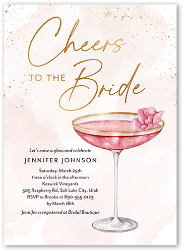 Cheers To The Bride Bridal Shower Invitation, Pink, 5x7 Flat, 100% Recycled Cardstock ?, Square